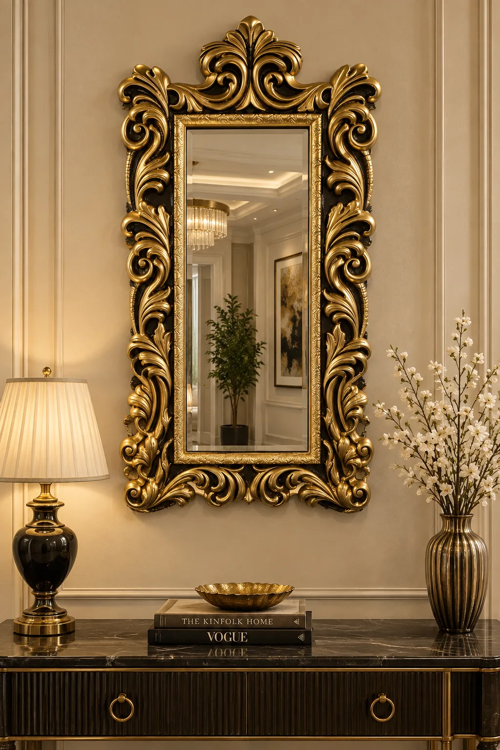 Gold Polyester Klasik Duvar Aynası | Büyük Dekoratif Salon ve Antre Aynası