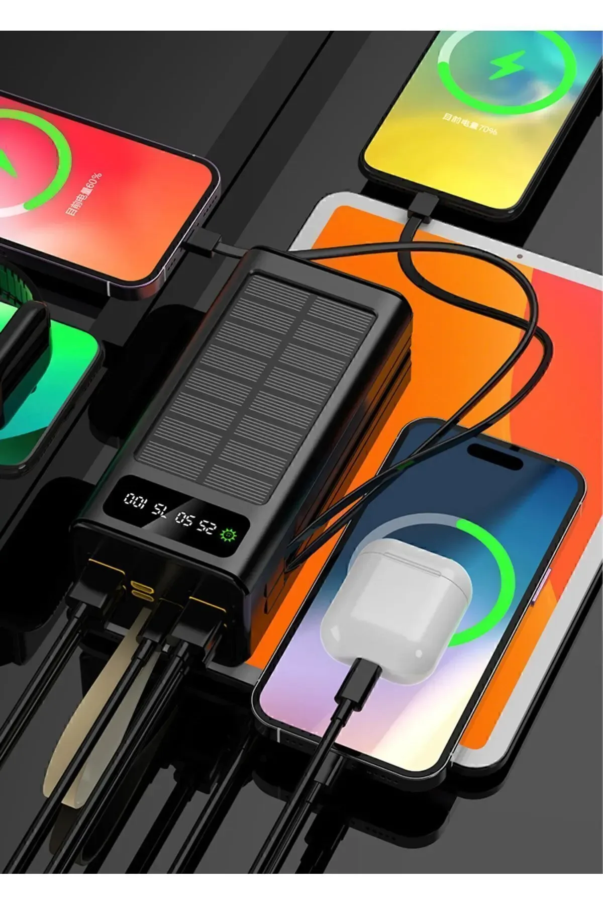 Solar 30.000 Mah Güneş Enerjili Led Işıklı Powerbank Şarj Aleti 4xUsb Çıkış Çoklu Şarj Çıkışı Kablo - Görsel 6