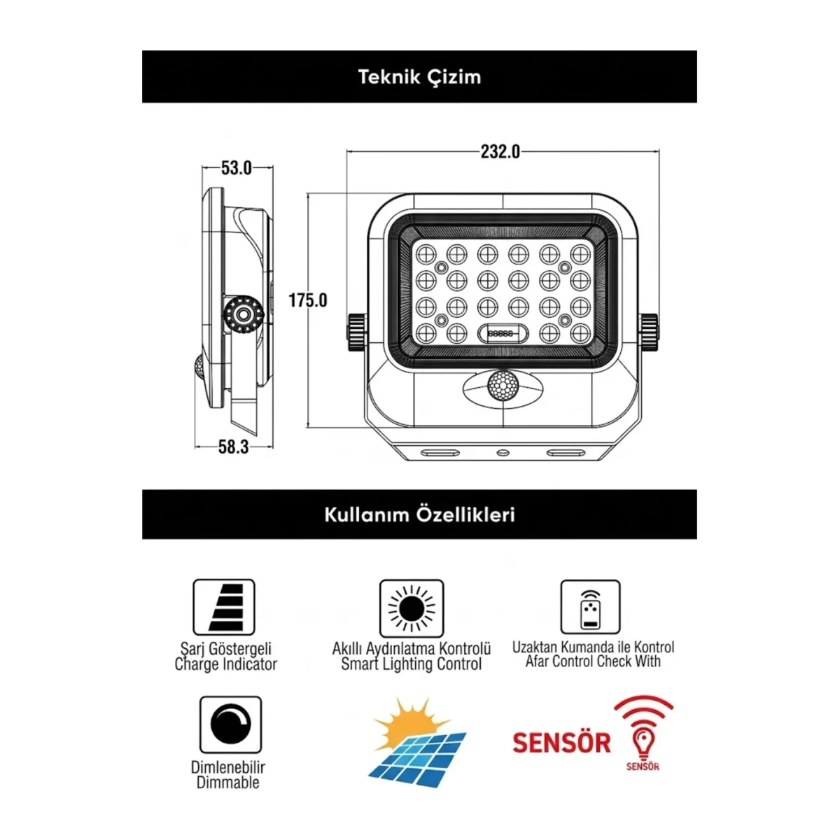 150W LENSLİ SOLAR LED PROJEKTÖR 6500K IP65 - Görsel 3