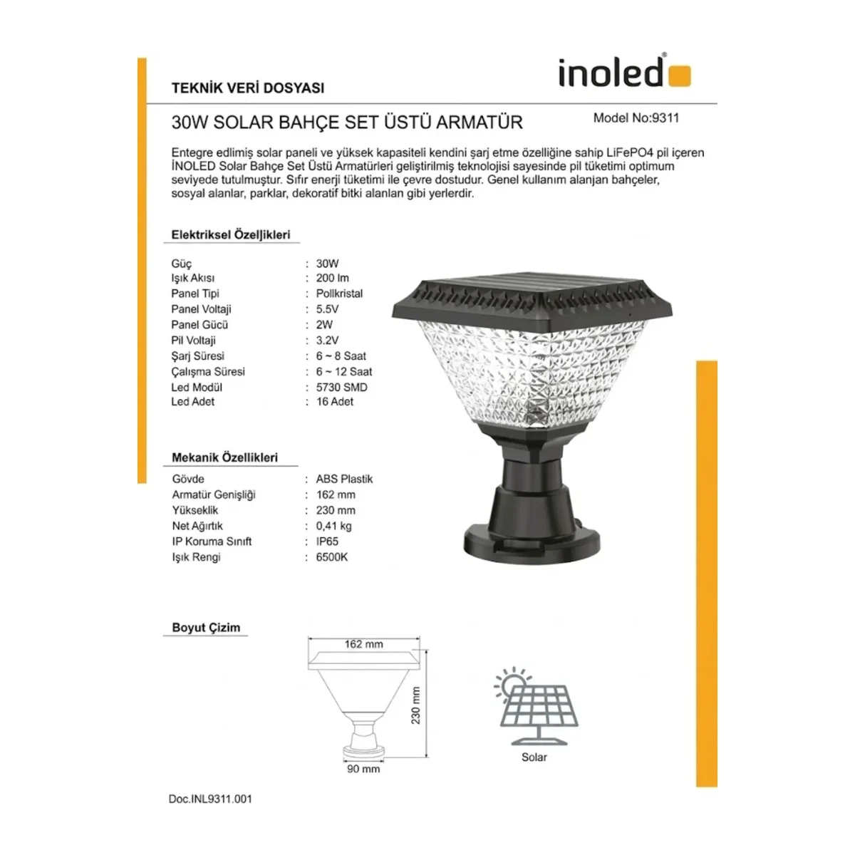 9311 30W SOLAR GÜNEŞ ENERJİLİ BAHÇE ARMATÜRÜ 6500K BEYAZ IŞIK IP65 - Görsel 4