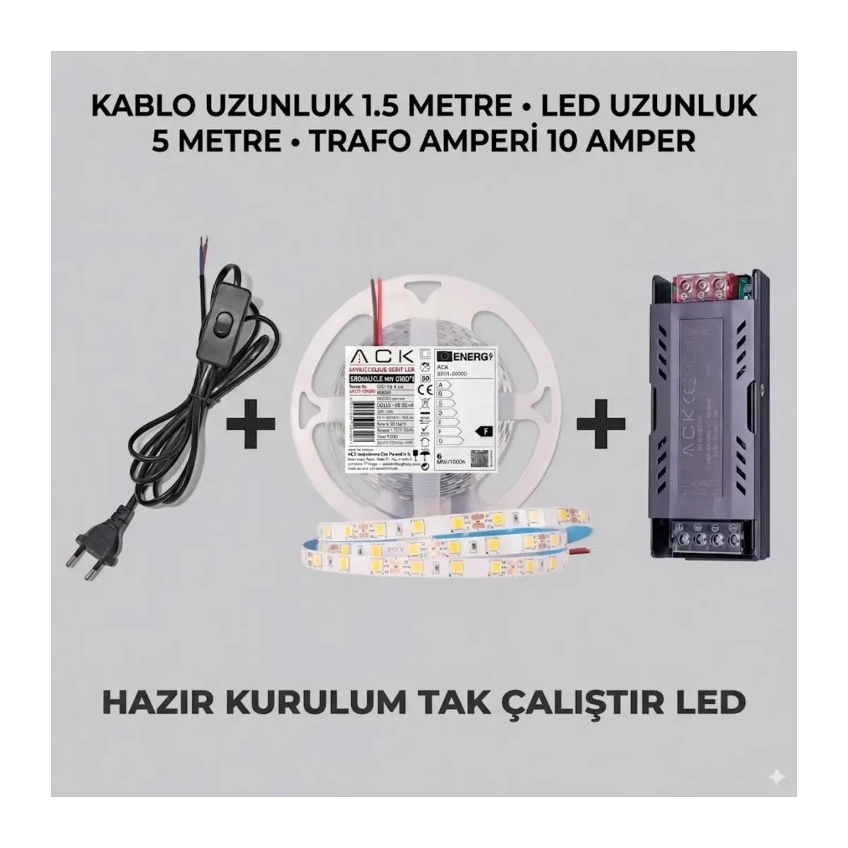 5 METRE BEYAZ ŞERİT LED AYDINLATMA SETİ - 10A TRAFO + 1.5M FİŞLİ KABLO - HAZIR TAK ÇALIŞTIR