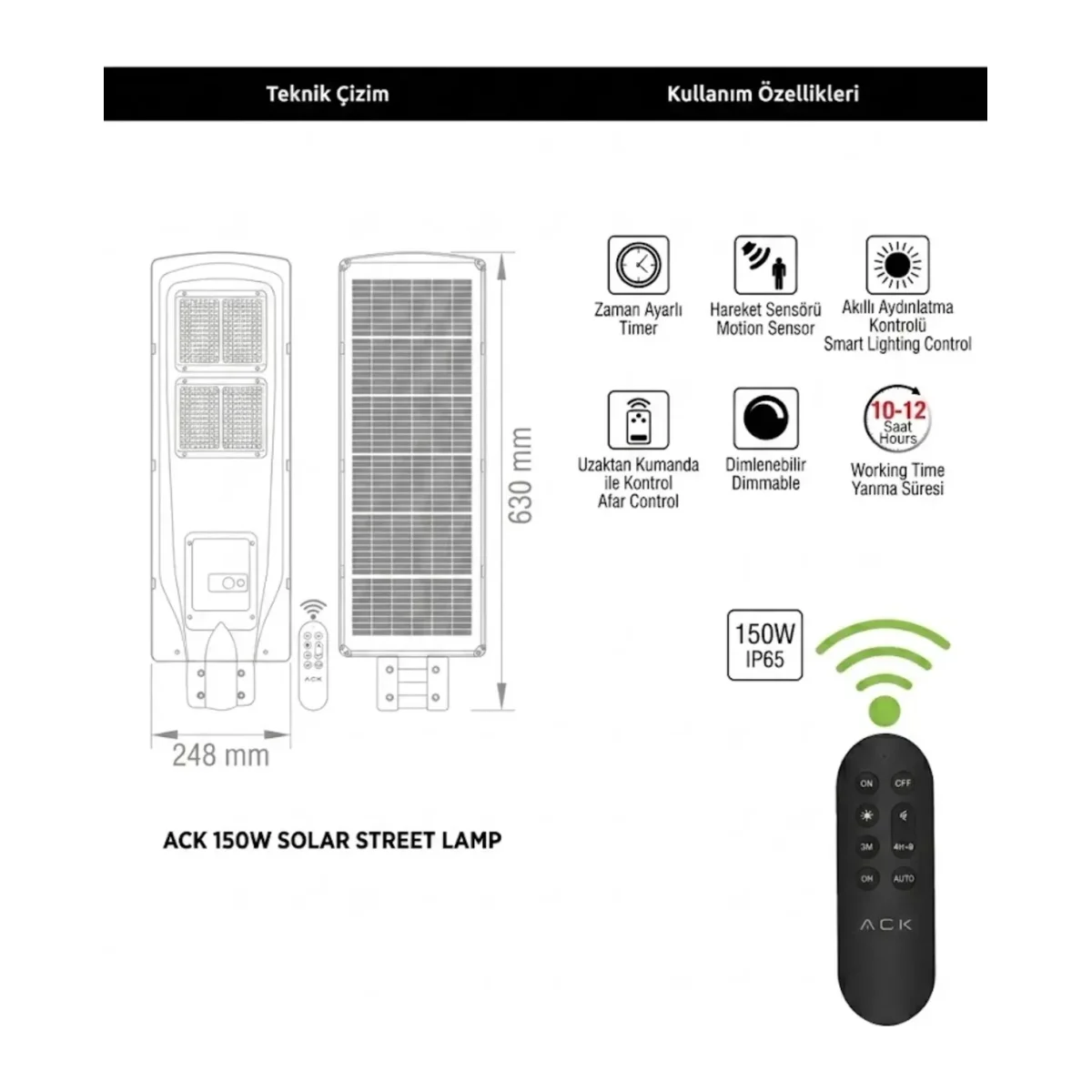 150W 6500K SOLAR SOKAK ARMATÜRÜ 1250LM - Görsel 3